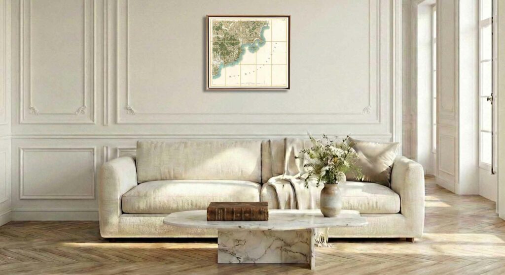 Encadrement caisse américaine en chêne clair pour carte de Cassini - Feuille 169 - Antibes