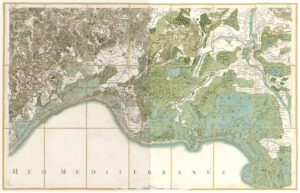 Comparaison avant-après de la restauration d’art d’une feuille de Cassini : nettoyage des altérations du temps et restitution de la profondeur chromatique originale.