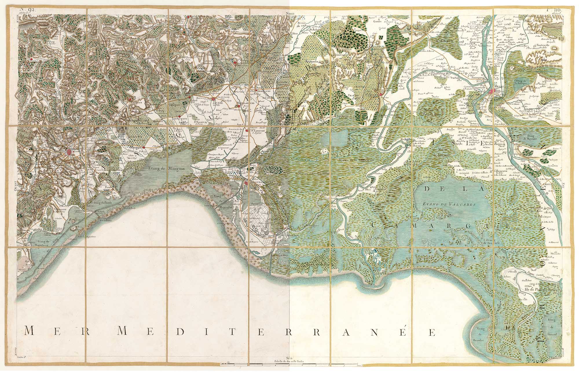 Comparaison avant-après de la restauration d’art d’une feuille de Cassini : nettoyage des altérations du temps et restitution de la profondeur chromatique originale.