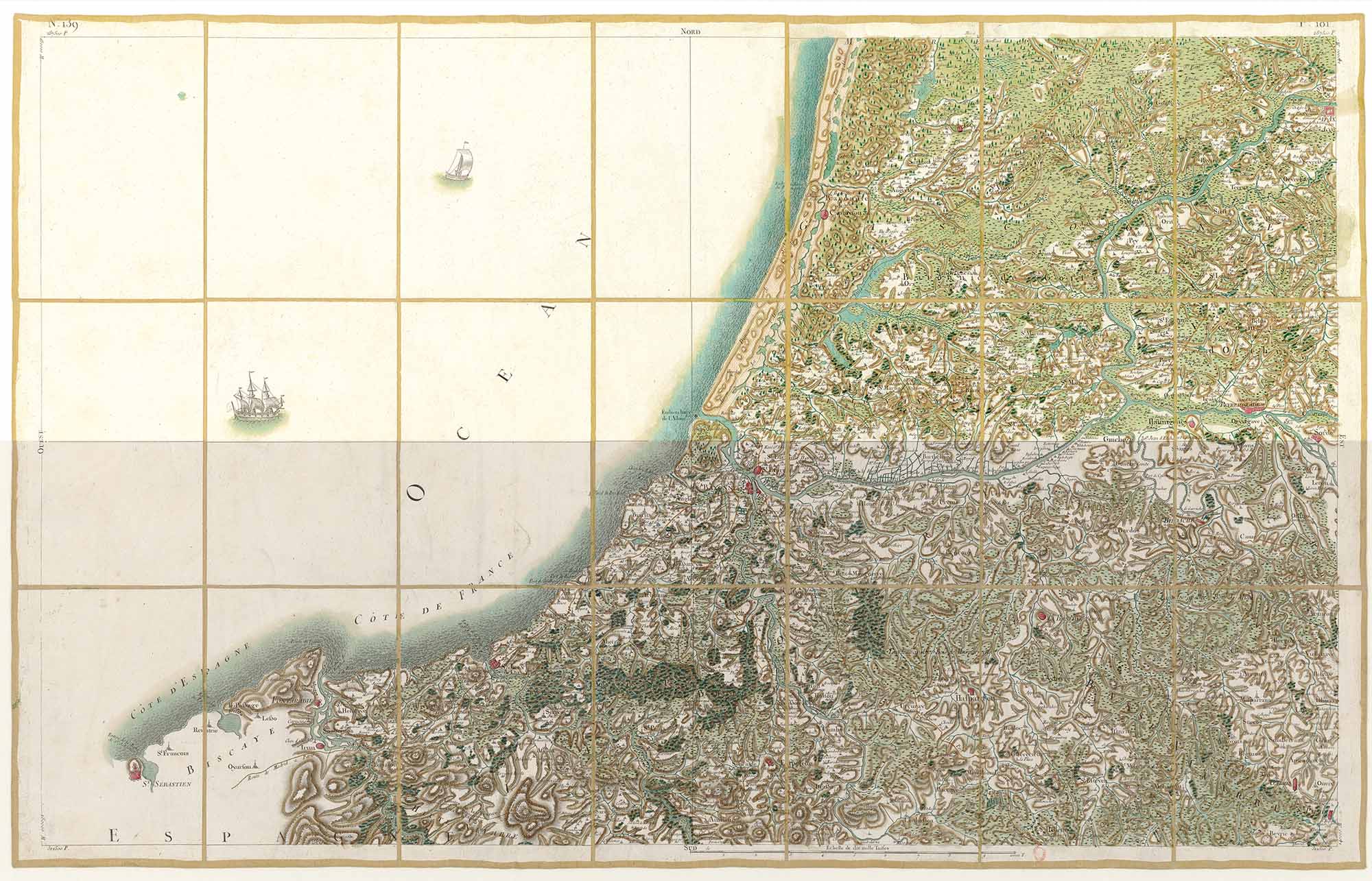 Comparaison avant-après de la restauration d’art d’une feuille de Cassini : nettoyage des altérations du temps et restitution de la profondeur chromatique originale.