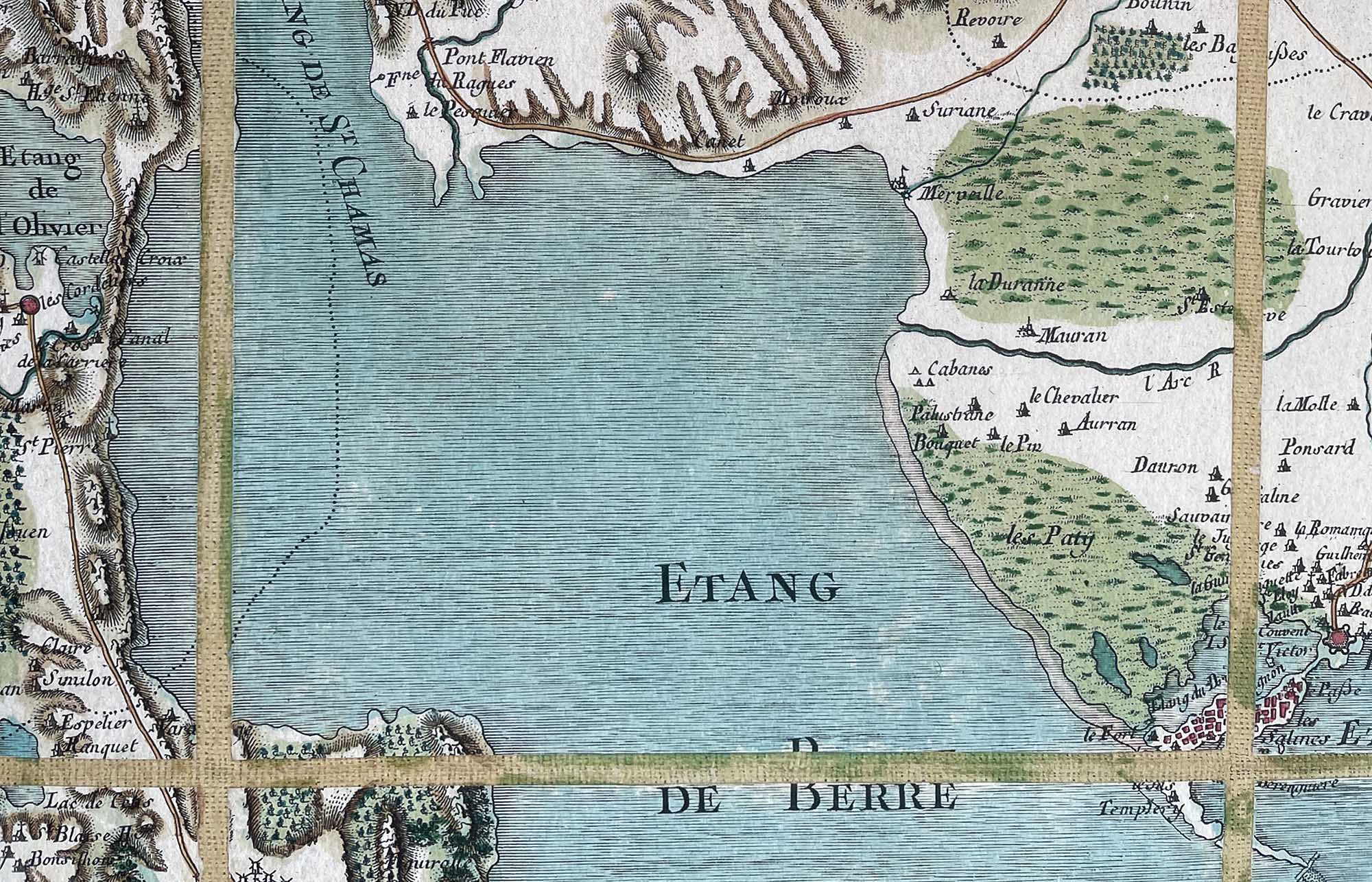 Détail d'une feuille de la carte de Cassini restaurée, restitution des couleurs originales et précision de la gravure du XVIIIe siècle.