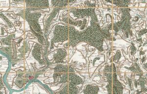 Détail d'une feuille de la carte de Cassini restaurée, restitution des couleurs originales et précision de la gravure du XVIIIe siècle.