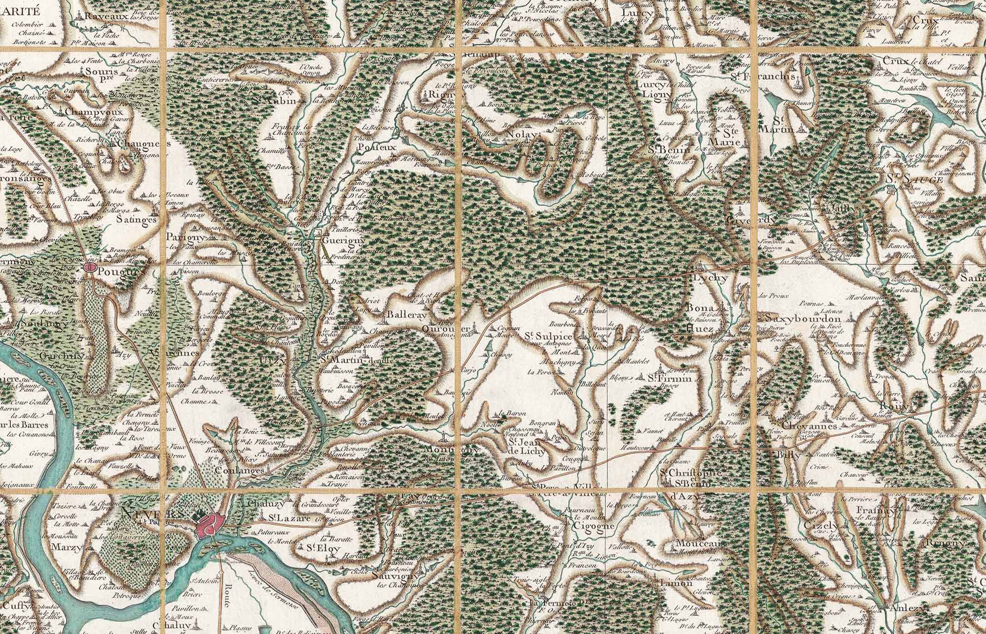 Détail d'une feuille de la carte de Cassini restaurée, restitution des couleurs originales et précision de la gravure du XVIIIe siècle.